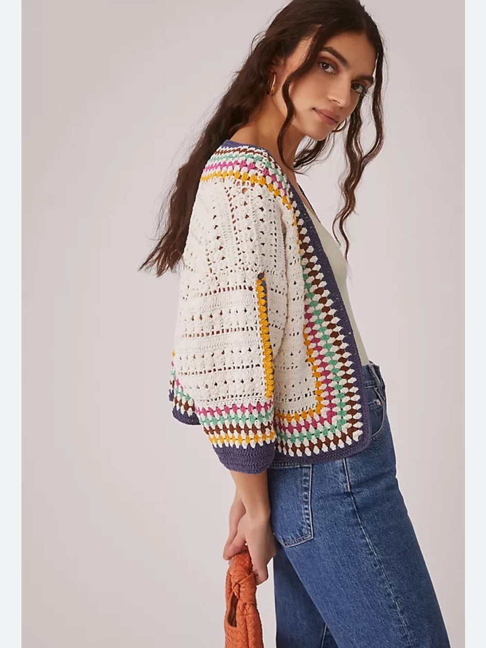Anthropologie Maeve Cream Crochet Open Cardigan Rainbow Trim One Size - Picture 3 of 7